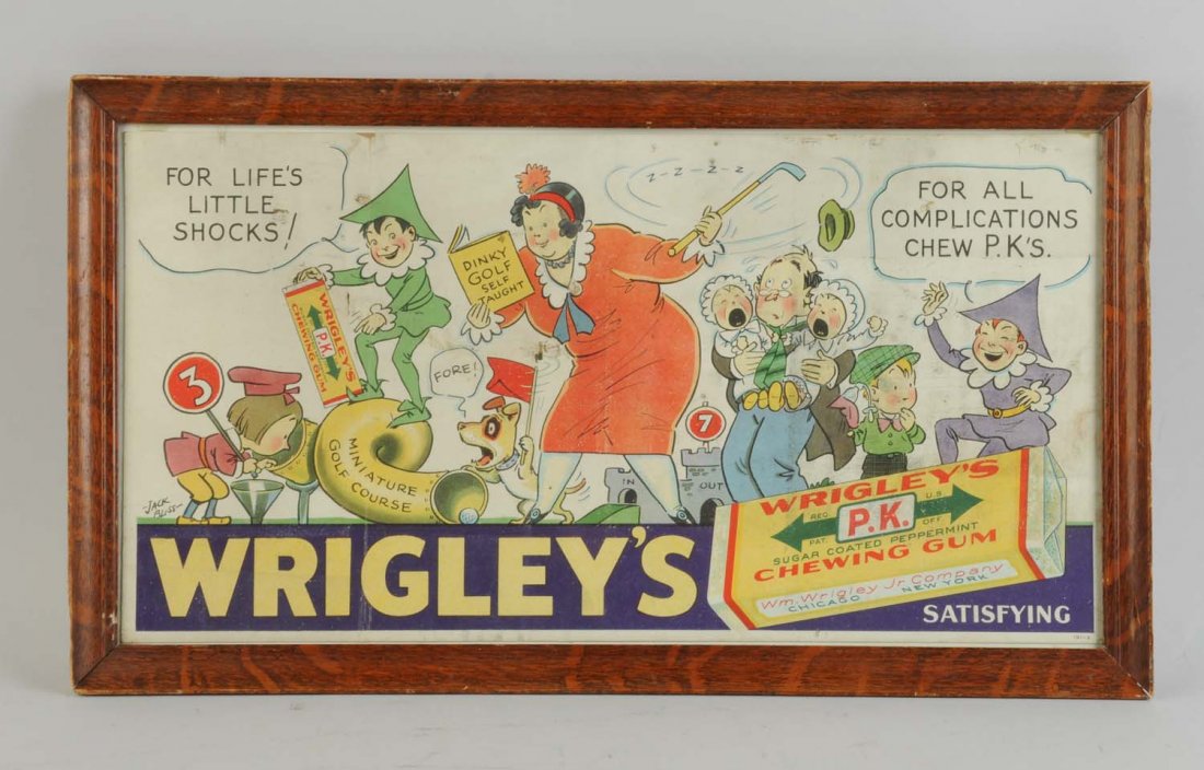 Wrigley's Gum Cardboard Streetcar Sign.: Framed. Minor soiling and a few small areas of loss. Nice image. Condition Very Good. Size 23" x 13".