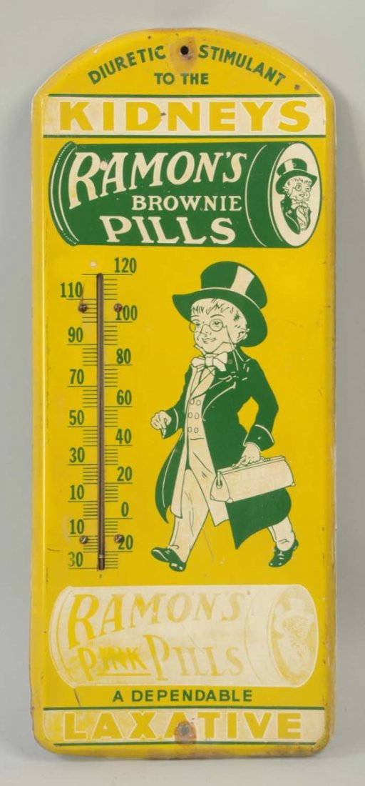 Ramon's Brownie Pills Advertising Thermometer.: This Ramon's thermometer has loss and repaint at both holes and an area of fading near the bottom. Condition (Very Good). Size 20 -1/2" L.