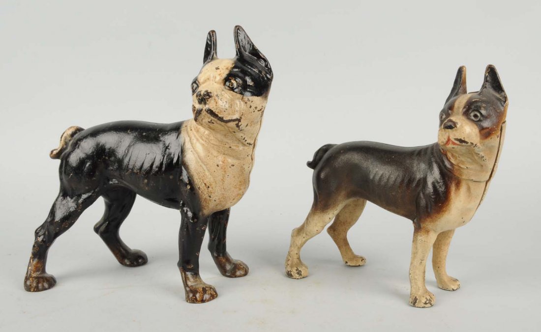 Lot Of 2: Cast Iron Boston Terrier Doorstops.: Each facing right, Hubley. Condition (Very Good). Size Largest: 9 - 1/4" T.