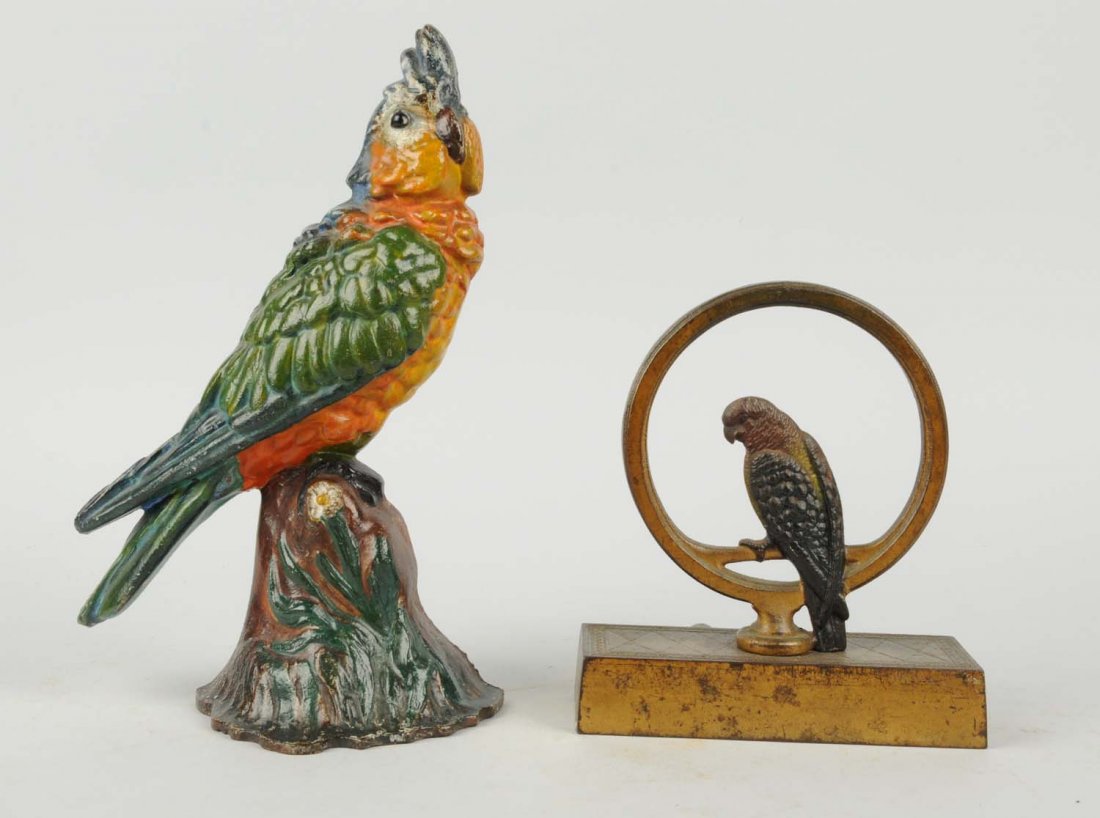 Lot Of 2: Cast Iron Assorted Bird Doorstops.: Includes: Parrot in Ring, Bradley and Hubbard; Cockatoo on Stump, Albany Fdry. Co. Condition (Very Good). Size Largest: 12 - 1/4" T.
