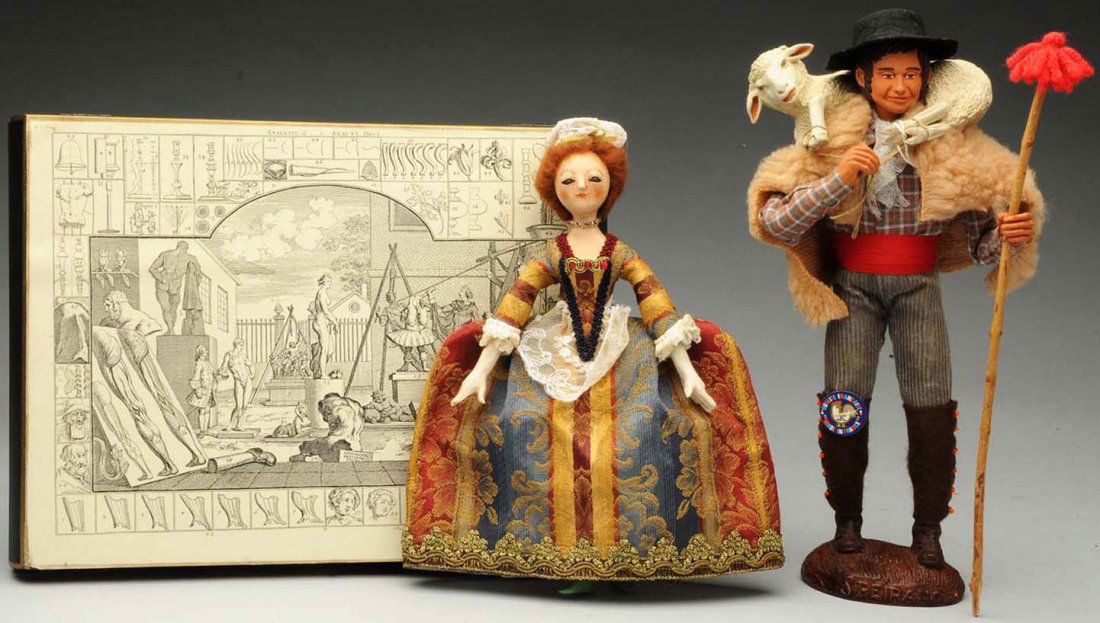 Lot of 2: Artist Dolls.: “Lady Teaberry” made in Queen Anne-style by Sandra Wright Justiss for UFDC 2007 Tea party, exquisite design and costume in original box with certificates. Along with a French clay Santon Shepherd,