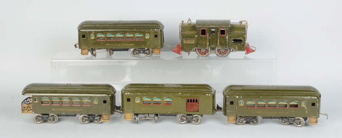 Lot of 2: Lionel Train Sets.: First set is a Lionel No.259 passenger train Set. O-gauge. Pre-war. Includes No.259 engine with a No.261 T tender. Tender has the original box. Includes four passenger cars. Three No.629 Pullmans and 