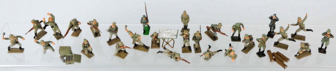 Lot of 29: Lineol 4 cm German Soldiers & Pieces.: This lot contains 22 originals, five reproductions, one reproduction table and more. Condition (Excellent). Size Largest: 3 - 1/2" T.