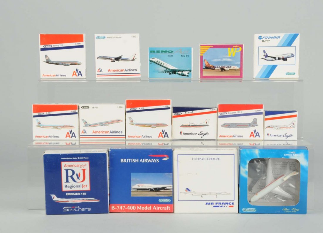 Lot Of 15: Miscellaneous Diecast Airplane Models.: More contemporary. Several different airlines including British Airways, Air France, American Airlines, and others. All in the original boxes. Some have original price tags on them. Look to be unused.