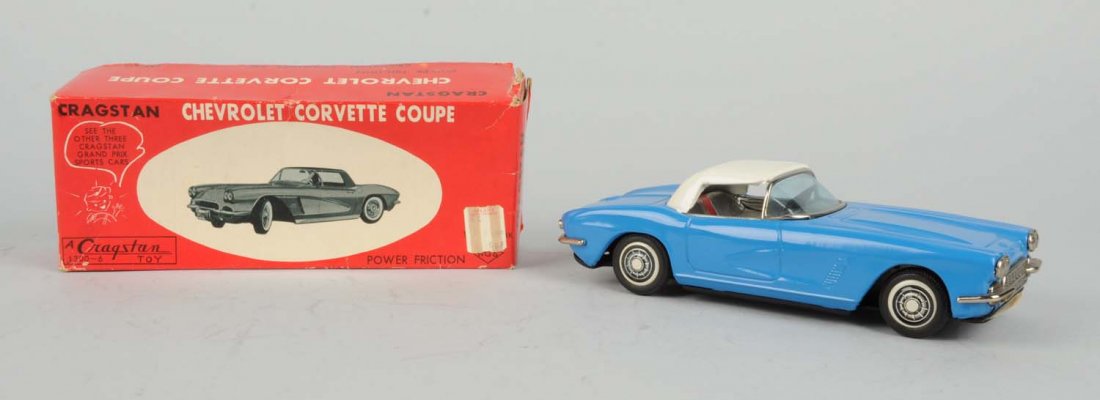 Japanese Tin Litho Friction Corvette Coupe.: Includes original box, marked Cragstan. Has original 66¢ price tag on it. Box does have some creasing and wear. Car made by Bandai, car has very little wear. Condition (Excellent). Size Box: 8 - 1/2"