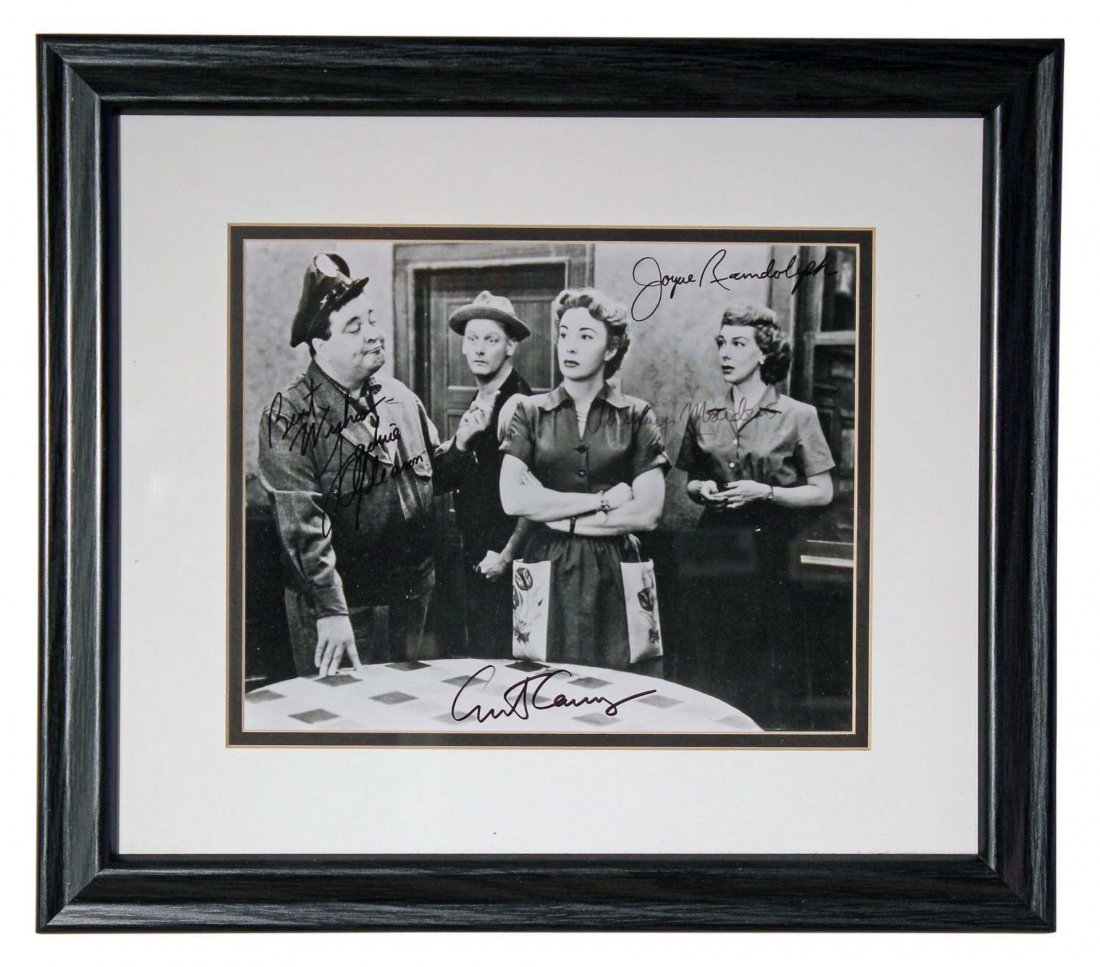 The Honeymooners Cast Signed Photograph.: Black and white picture of Ralph and Alice Kramden (Jackie Gleason, Audrey Meadows) and Ed and Trixie Norton (Art Carney, Joyce Randolph), with all four signatures. Photo is clean. Scarce with all fou