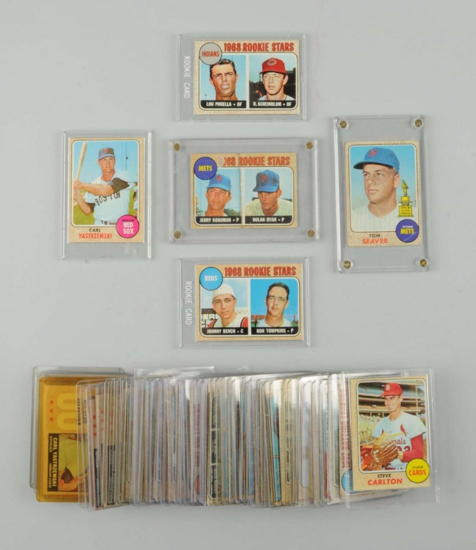 Lot Of Approx. 65: 1968 Topps Baseball Cards.: Including card No. 247 rookie card of Johnny Bench which is nicely centered and has only minor wear, card No. 177 rookie card of Nolan Ryan that has some paper loss and creasing. Also cards of Hall of