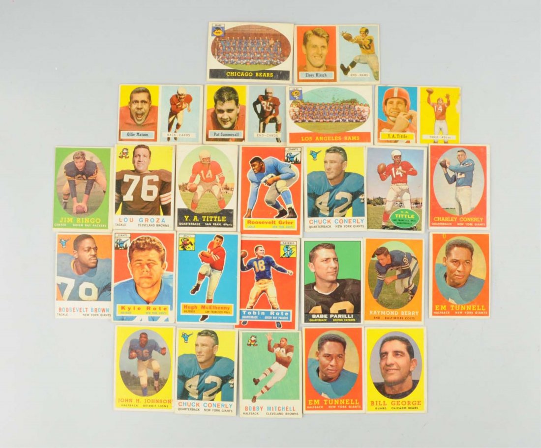 Lot Of Approx. 25: 1950's Football Cards.: Including many stars, minor stars, and common players. Cards such as Roosevelt Grier, Lou Groza, Y.A. Tittle, and others. Mostly Topps. Various conditions. Condition (Very Good). Size Each: 4" L.