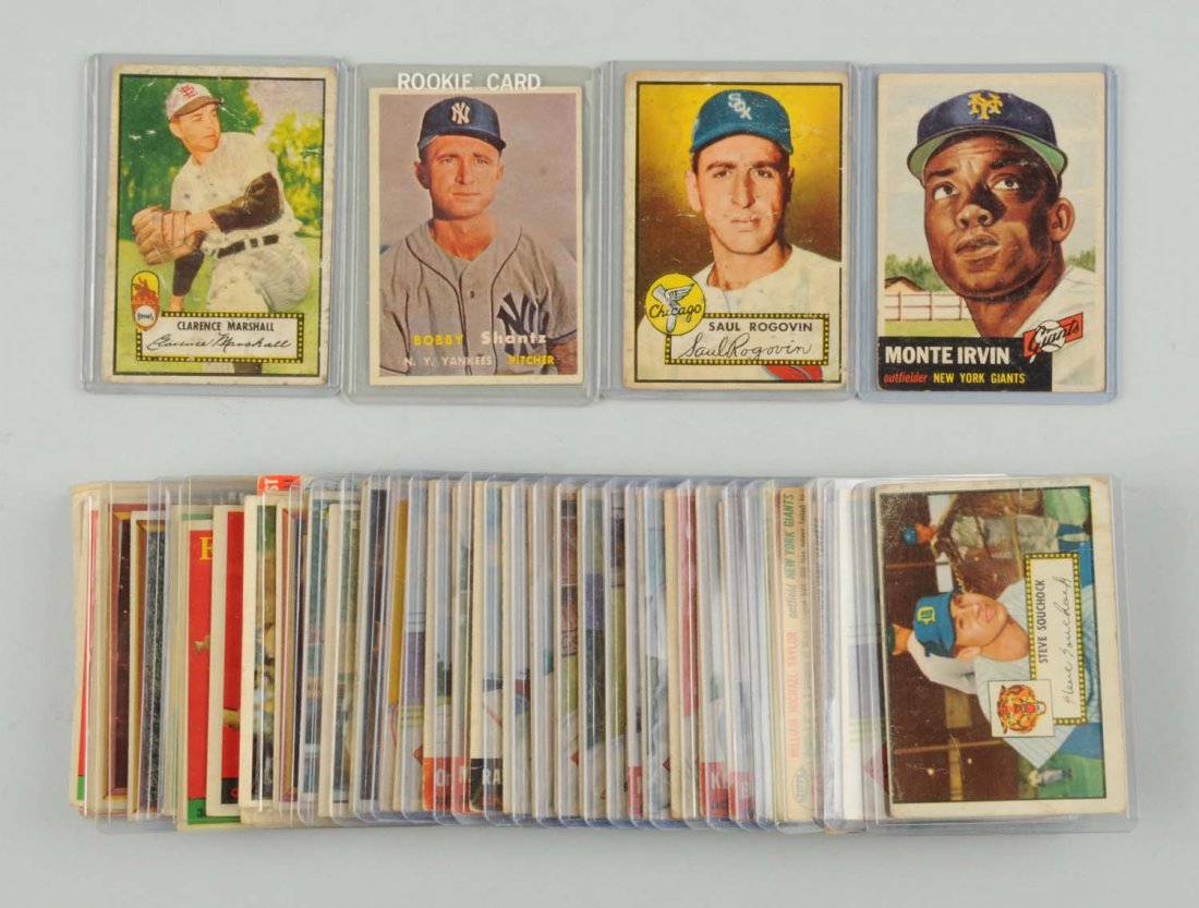 Lot Of Approx. 50: 1950's Topps Baseball Cards.: Some Hall of Famers, stars, minor stars, and many common players. There is a 1954 card No. 13 Billy Martin, 1957 cards of Duke Snider, and Don Newcombe, and others. Various conditions. Condition (Good
