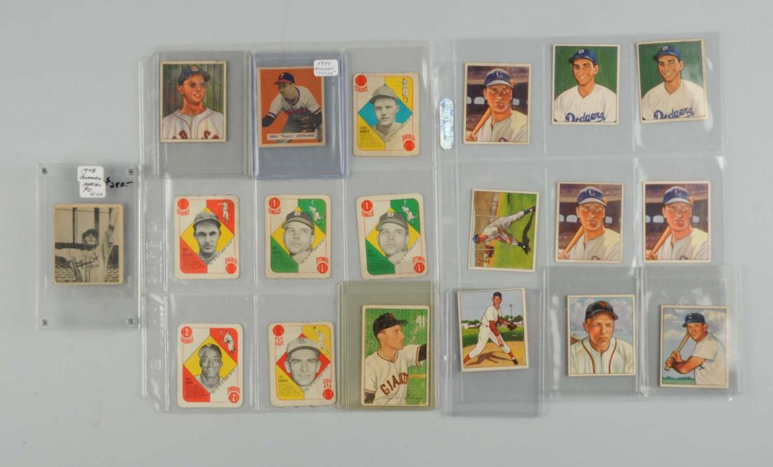 Lot Of 19: 1940's-50's Baseball Cards.: Made by Topps and Bowman. Including 1948, 1949, and 1950 Bowman and 1950 Topps red backs and blue backs. There are six Topps cards (one red back, five blue backs) including card No. 50 red back Monte 