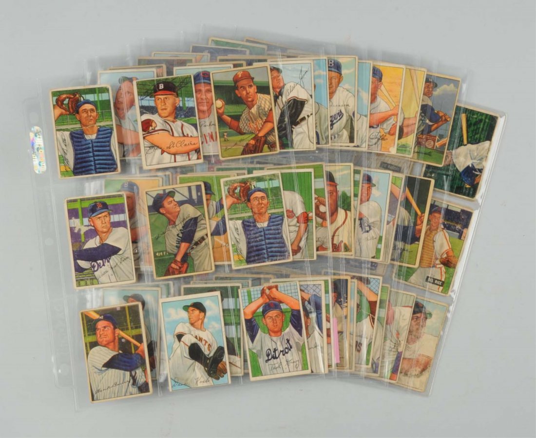 Lot Of 81: 1951-1952 Bowman Baseball Cards.: Mostly 1952's, including two No. 218 Willie Mays cards in poor condition. 1952 card No. 44 Roy Campanella, card No. 53 Richie Ashburn, card No. 1 Larry "Yogi" Berra, and card No. 52 Phil Rizzuto. Plus