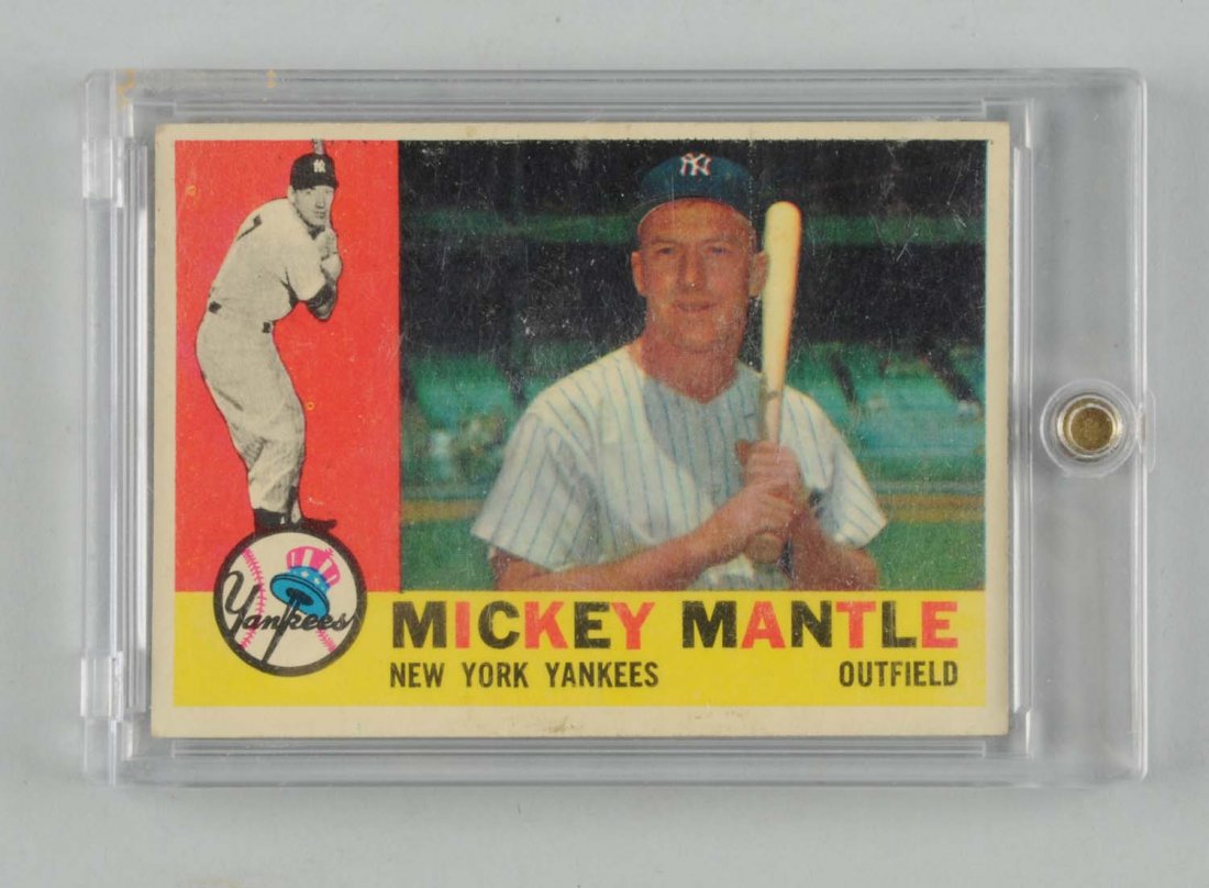 1960 Topps No. 350 Mickey Mantle Baseball Card.: Horizontal design. Card is fairly nicely centered with one flaw line through middle of card between the right side of Mantle's hat and his bat. Some minor edge and corner wear. Condition (Very Good).