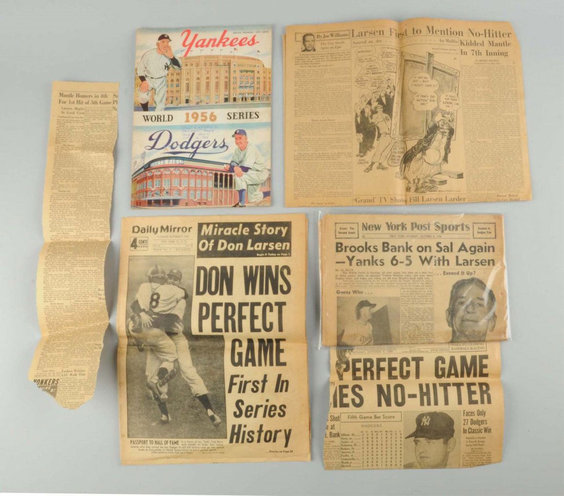 Lot of 1956 Don Larsen "Perfect Game" Memorabilia: Includes 1956 Yankees versus Dodgers World Series program with "Don Larsen's Perfect Game Score Book Oct. 8, 1956" written on the cover. Program has been scored, and along with it comes some vintage n