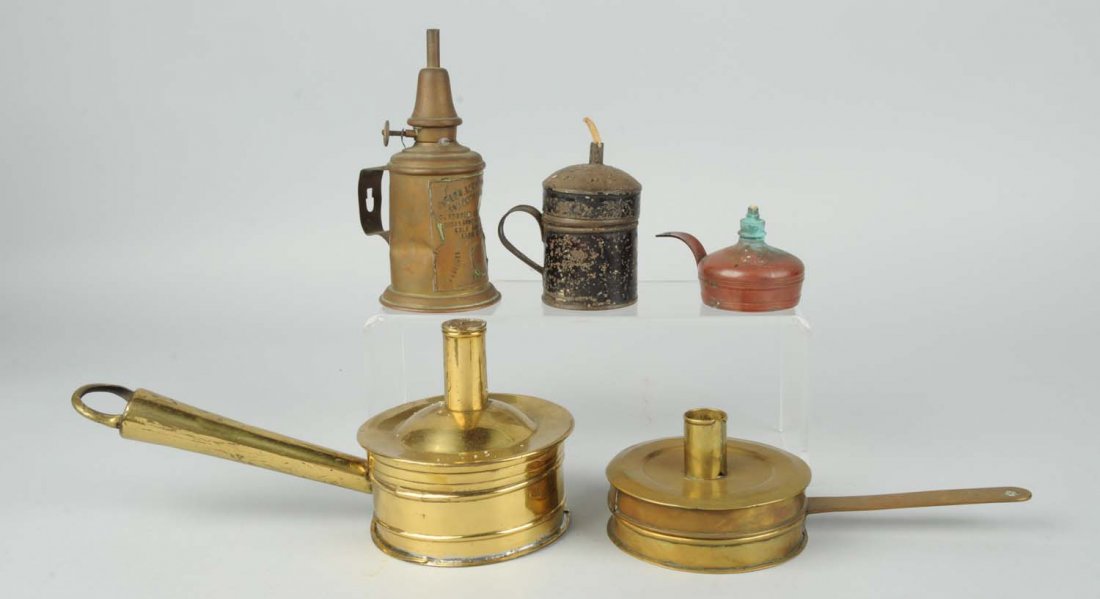 Lot Of 5: Metal Candle, Wick, & Lighters.: Mostly brass. Condition (Very Good - Excellent). Size 6 - 3/4" L.
