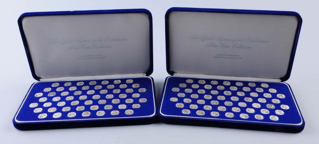 Lot Of 2: Franklin Mint Sterling Silver Coins.: Two set of Franklin Mint sterling silver mini coins with signers of Declaration of Independence. Each set has 56 coins in original slotted cases. Condition (Excellent).