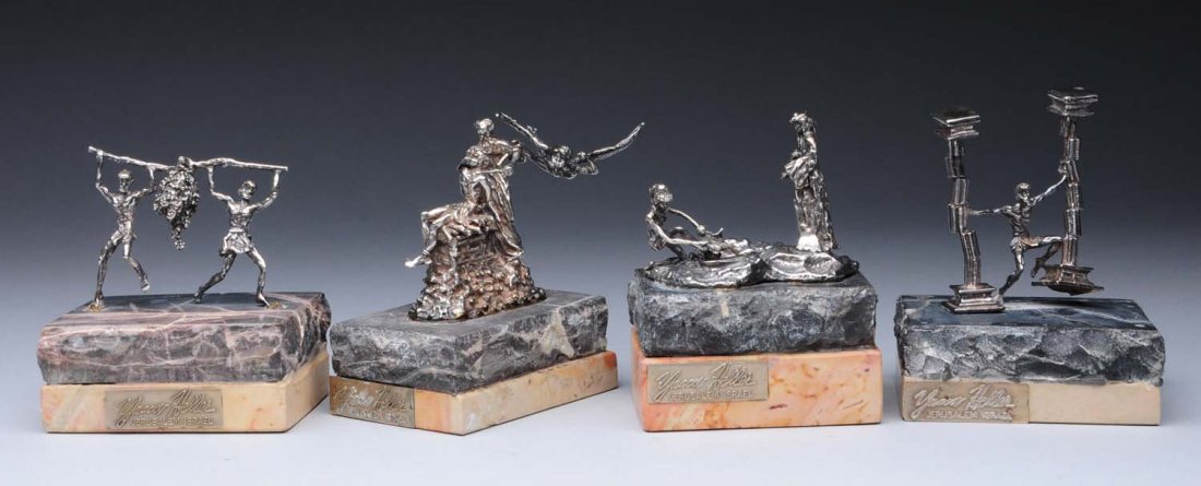 Lot Of 4: Yaacov Heller Silver Sculptures.: Sampson's Death original cost $300, The Binding of Isaac original cost $340, Two Men Carrying Grapes original cost $240, Child Being Placed in Basin original cost $330. All without damage or repairs. 