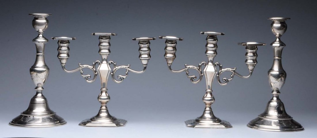 Pair of American Sterling 3-Light Candelabra.: Mauser, each with a facetted base and stem and scrolled arms, weighted; together with a pair of Austrian silver candlesticks, each bulbous stems, nozzles and a domed foot, with machine- turned and flo