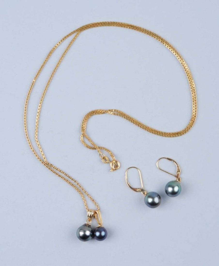 Lot Of 2: Pearl Earrings & Necklace.: Lever back earrings stamped 585, 9.1 mm baroque shape, good luster, slight blemish. Italian Balestera chain with two Tahitian pearl pendants, stamped 585. One pearl pendant is 9.3mm baroque and the se