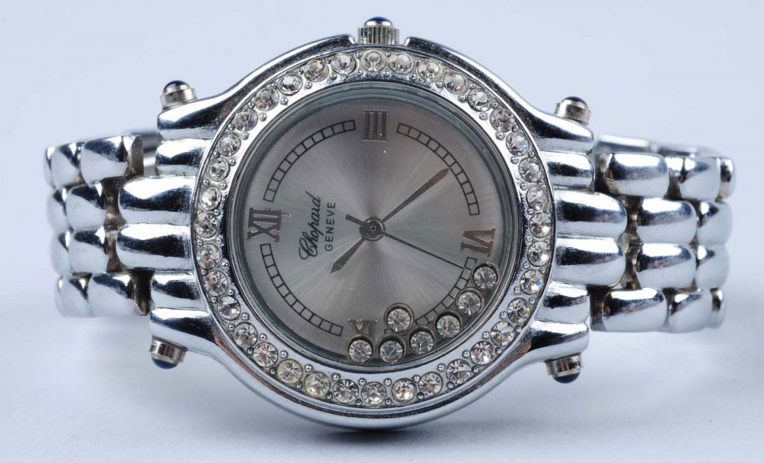 Stainless Steel Watch With Crystal Accents.: Faux Chopard. Needs battery.