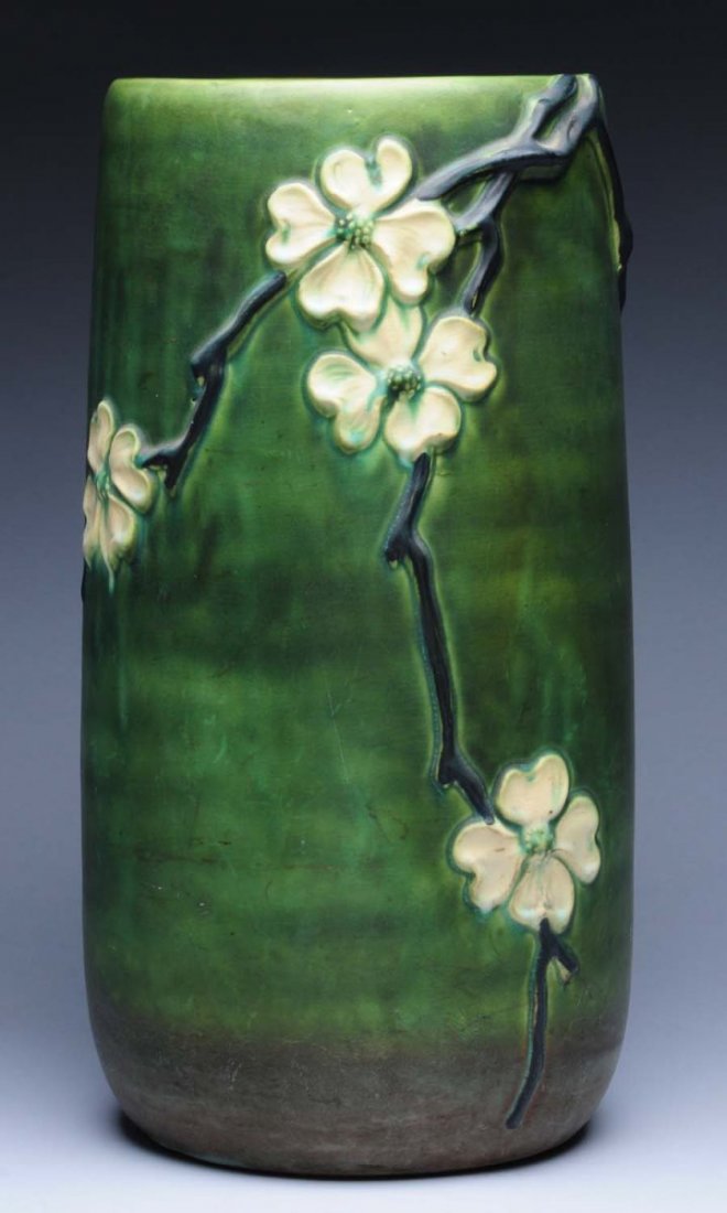 Roseville Dogwood Smooth Umbrella Stand.: Arts and Crafts matte green. Condition (Excellent). Size 20" x 9".