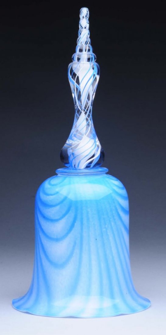 Pairpoint Blue & White Swirled Glass Bell.: With a six knob glass handle with a twisted blue and white glass ribbon. Circa 1990's. Condition (Excellent). Size 11" T.