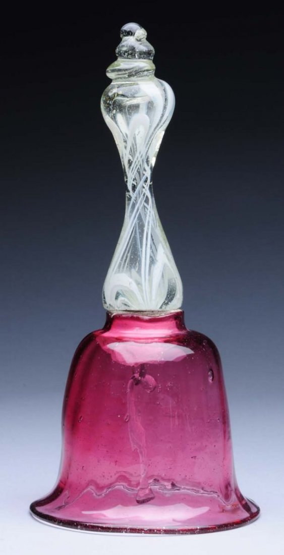Antique Victorian Cranberry Wedding Glass Bell.: The three knob clear glass handle has Nailsea glass white ribbons. Condition (Excellent). Size 8 - 1/2" T.