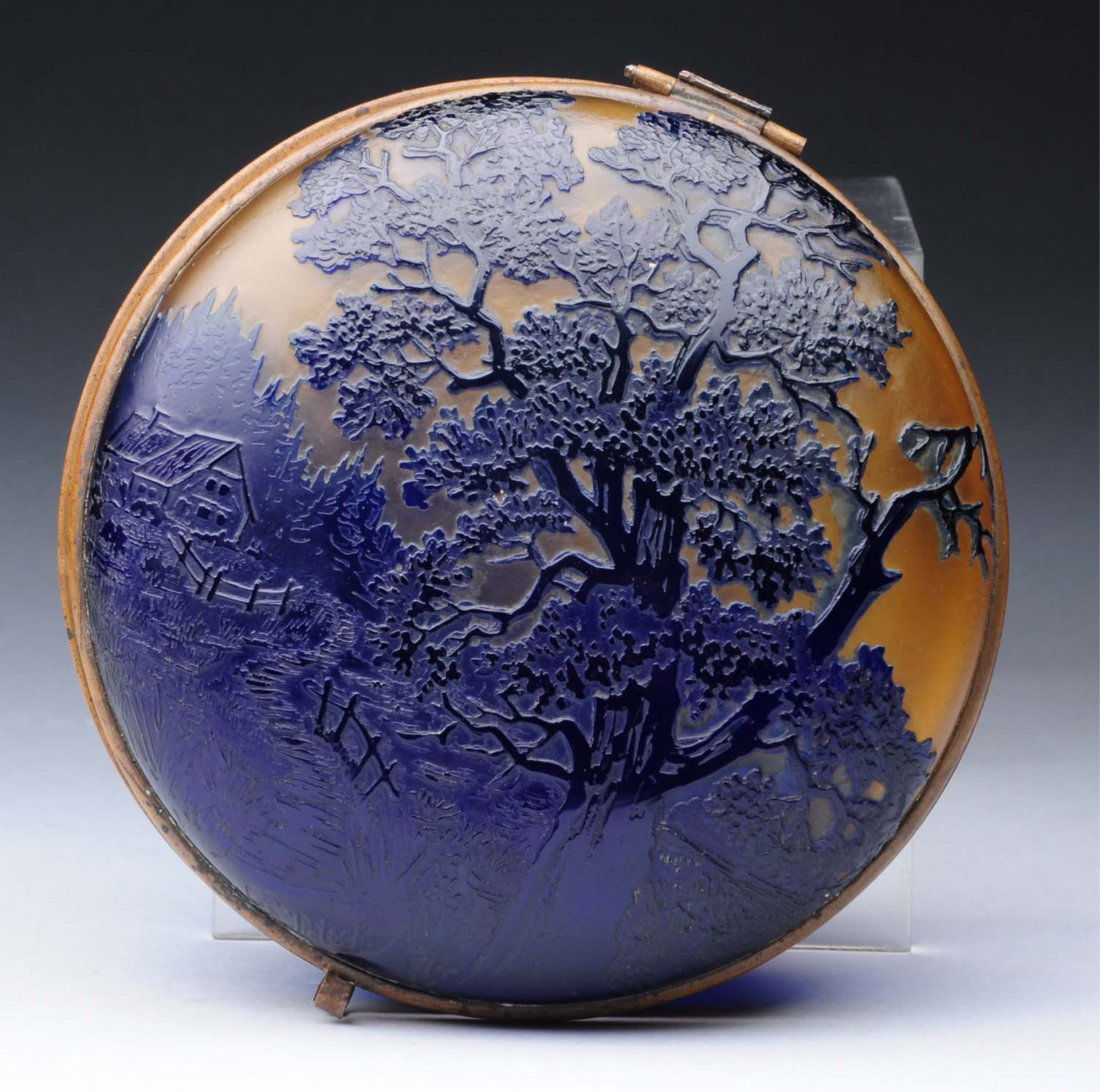 Cameo Glass Powder Jar.: Exquisite carving of large tree with horse and fence. When jar is opened, it reveals a mountain scene. Signed F. Pictxl. Condition (Excellent). Size 6" Dia.