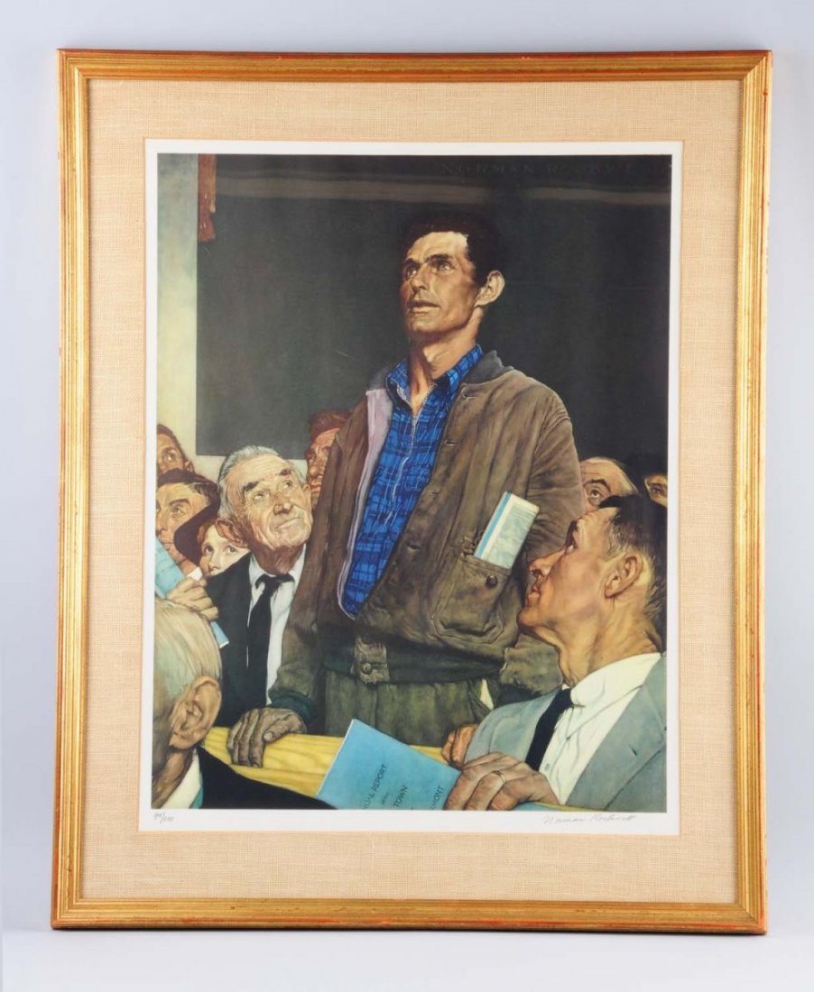 Norman Rockwell Lithograph.: Titled "Freedom of Speech". Limited edition. Pencil signed and numbered. 28" x 21-3/4". Size 37" x 30" .