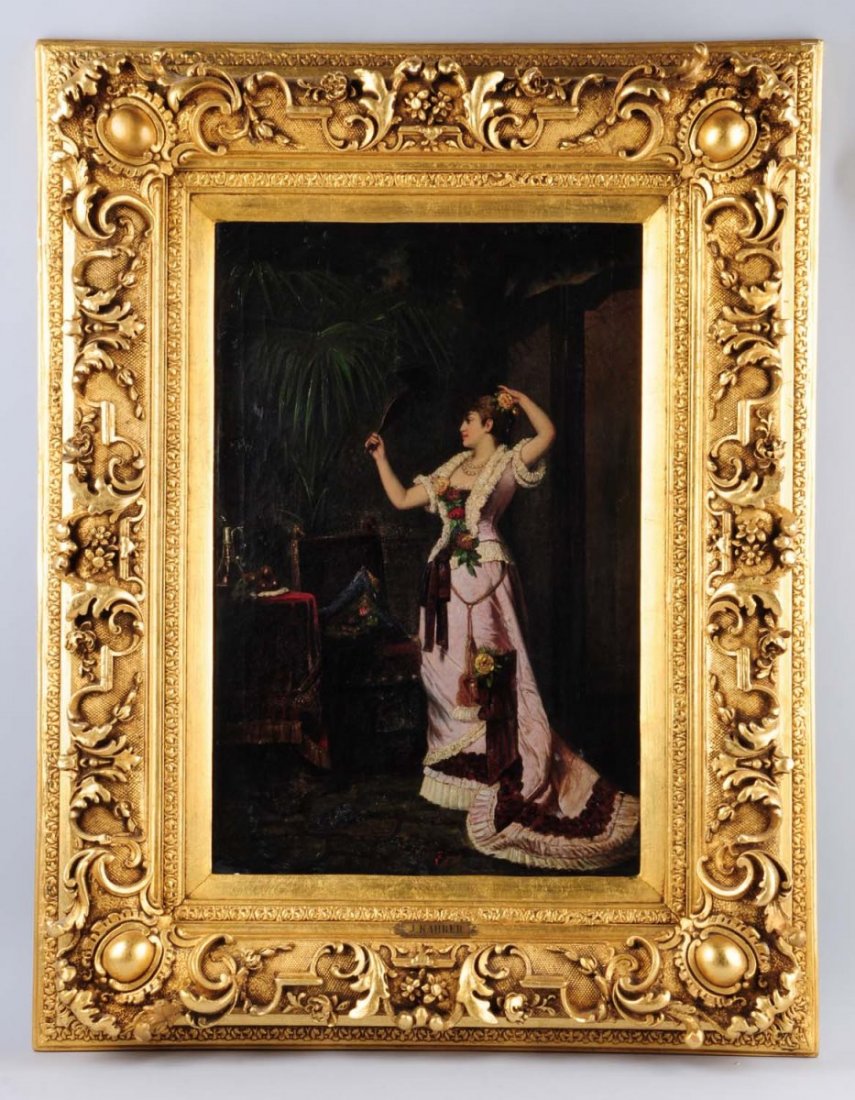Julie Kahrer (19th Century).: Titled "Woman In Interior". Oil on canvas. 25" x 16-3/4". Signed indistinctly at lower center. Original 19th century gold-leaf frame. Size 37 -1/4" x 29" .