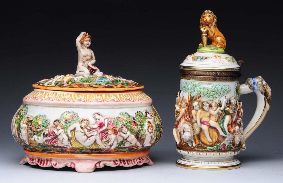Lot Of 2: Capodimonte Lidded Stein & Tureen.: With lion finial and covered tureen. No damage. Condition (Excellent). Size Largest: 10 - 3/4" T.