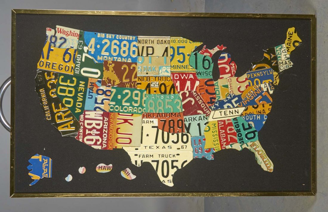 Framed License Plate Collage U.S.A. Map: Each state is cut out of a vintage license plate from that state. Made by Robert Lee Miklues in 2009. Condition (Excellent). Size 51" x 31"