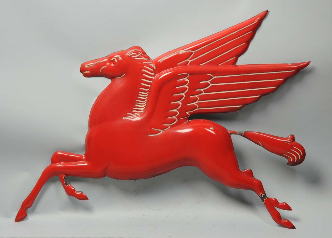 Mobile Pegasus Sign: Single sided porcelain embossed sign. Good gloss and color. Has a few chips at the base field, and rear, but is very clean. Condition (Rated 8.25). Size 36" x 42"