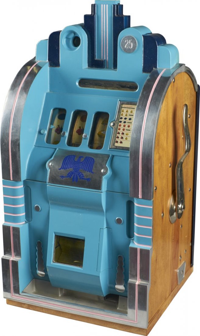 25 ¢ Mills Extraordinary Slot Machine: 25 cent Mills Novelty Extraordinary "World's Fair Century" escalator bell slot machine. This machine was in a floor model stand at one time. Circa 1933. Includes keys. Condition (Restored). Size 15" x