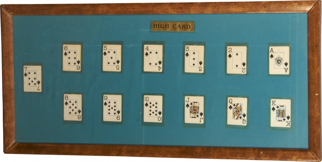 High Card Faro Layout In Frame: Framed under glass on green felt background. Condition (Very good). Size 42" x 20" x 2"