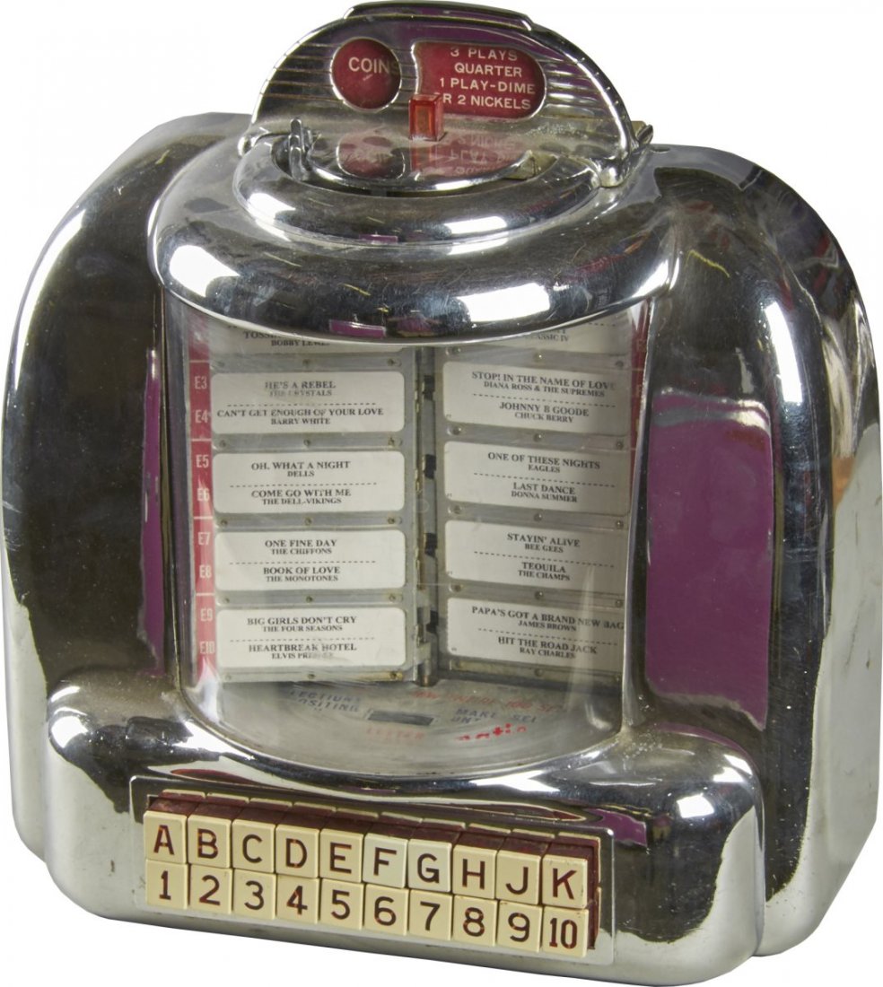 Multi-Coin Seeburg Wall-O-Matic Remote Selector: Chrome wall mount external jukebox unit offers 100 selections. Inside decal has rubbed off over time. Condition (Excellent). Size 12-1/2" T.