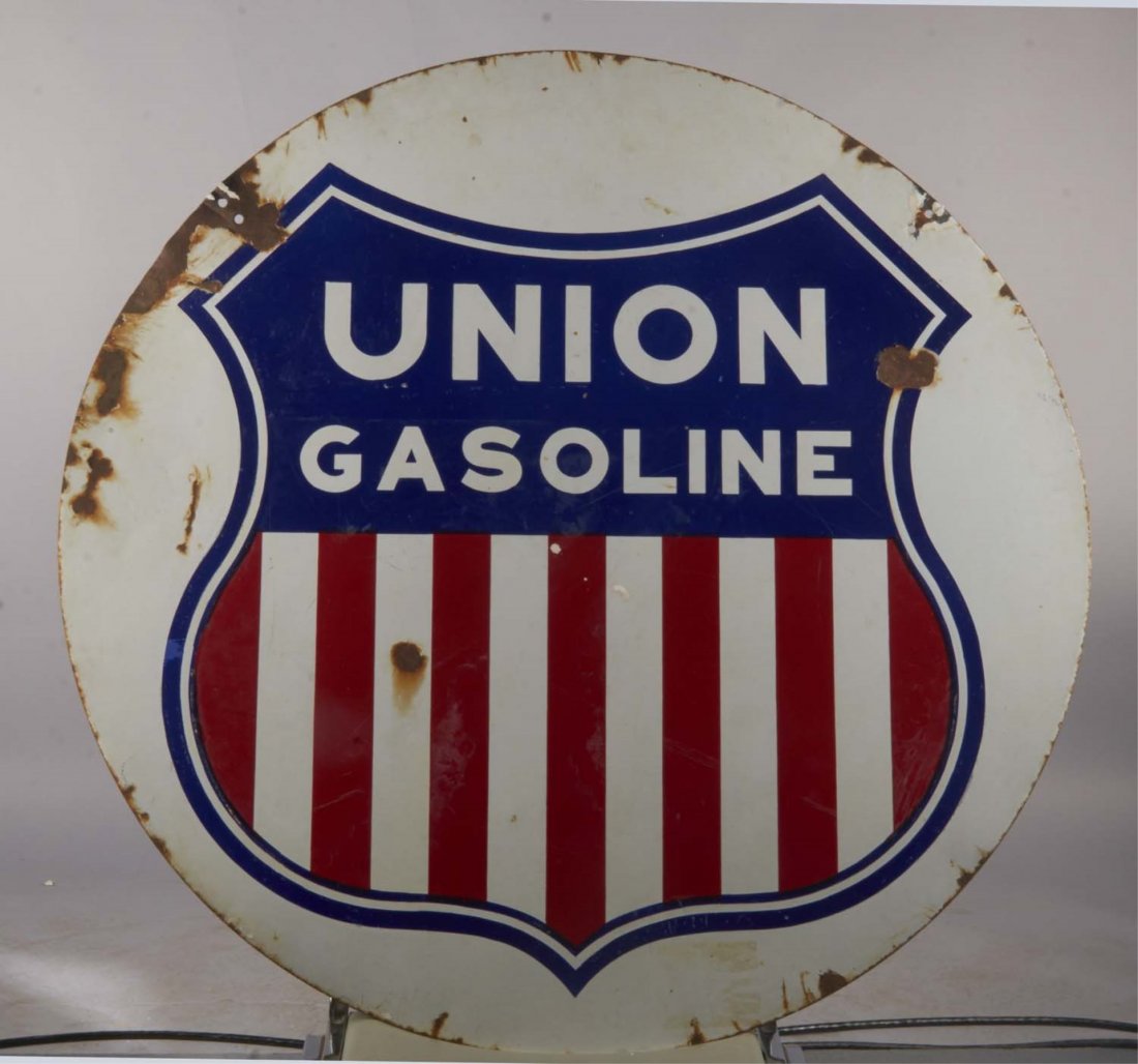 Round Union Gasoline Porcelain Sign: Double sided sign features shield logo. Rated 7. Condition (Very good). Size 42" D.