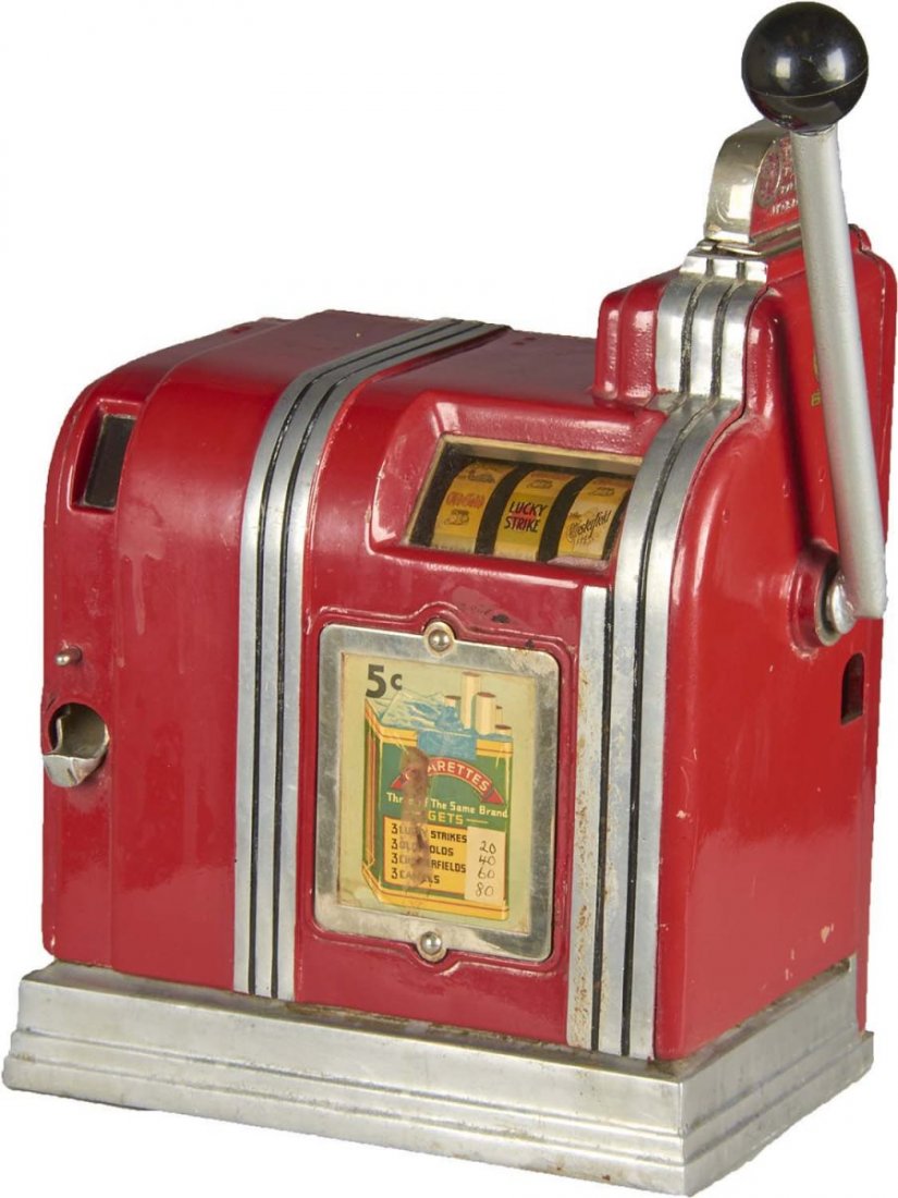 5 ¢ OD Jennings Trade Stimulator: 5 cent 3-reel cigarette trade stimulator manufactured by OD Jennings. Player can win packages of Lucky Strikes, Camels, Old Gold, and Chesterfields. Circa 1930s. Handle has been replaced. Includes key