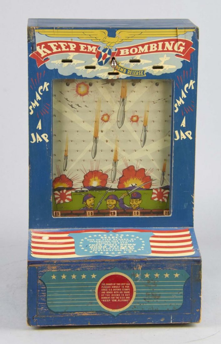 Multi-Coin Bonds and Stamps Trade Stimulator: Pin field countertop game with American bombers attacking Japan for the theme. Game takes pennies, nickels, dimes, and quarters. Top of machine reads, "Keep Em Bombing." Condition (Very good). Size 21