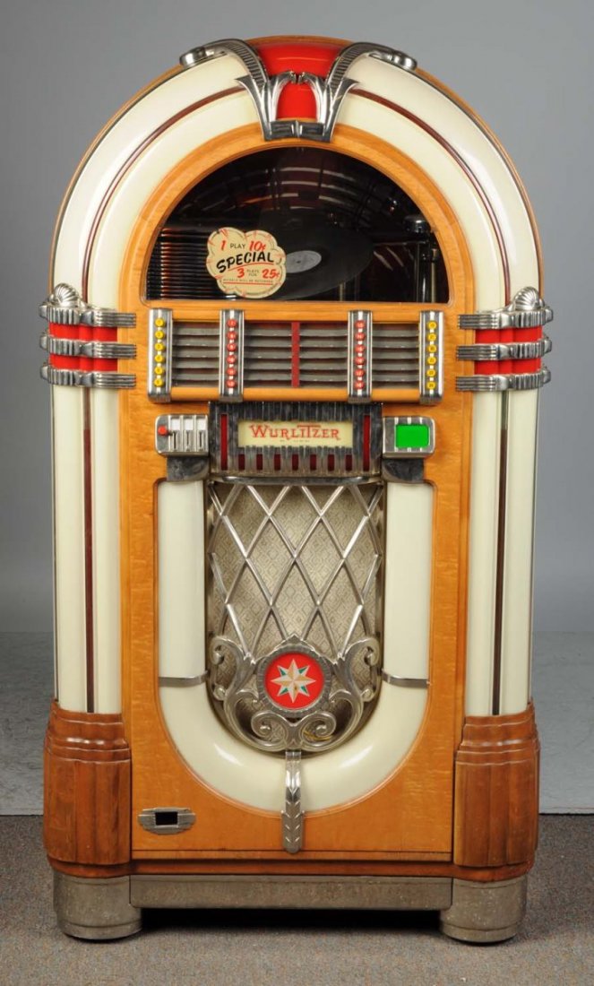 Multi-Coin Wurlitzer Phonograph Jukebox: Model 1015, Serial No. 1008740. Plays 78 rmp records and offers 24 selections. Condition (Excellent). Size 59" x 32" x 23" CORRECTION: Plays well.