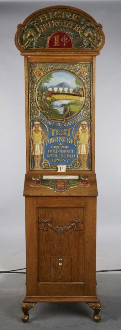 1 ¢ ESCO Spear The Dragon Strength Tester: Manufactured by the Exhibit Supply Co. of Chicago, this floor model machine operates as player grasps handles and tries to hold on as voltage increases. Bell rings if player wins. Top sign reads "Elec