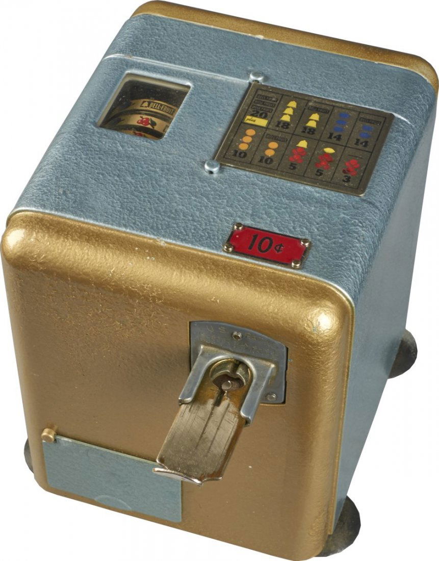 10 ¢ Mills Vest Pocket Slot Machine: 10 cent Mills Novelty Vest Pocket counter 3-reel miniature bell slot machine. Countertop Vest Pocket is restored. Circa 1938. Painted gold and silver. Condition (Very good). Size 7" x 8" x 11"