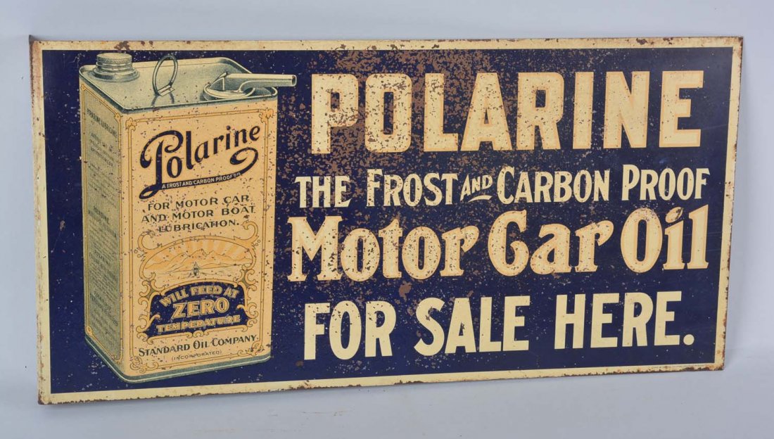 Polarine Motor Car Oil Tin Flange Sign: Reads "For Sale Here" with early square can graphics. Has good color. Display has paint loss. The reverse paint loss is heavier. Marked Chas. W. Shonk Litho Chicago No. G608. Rated 7 & 6.75. Condition