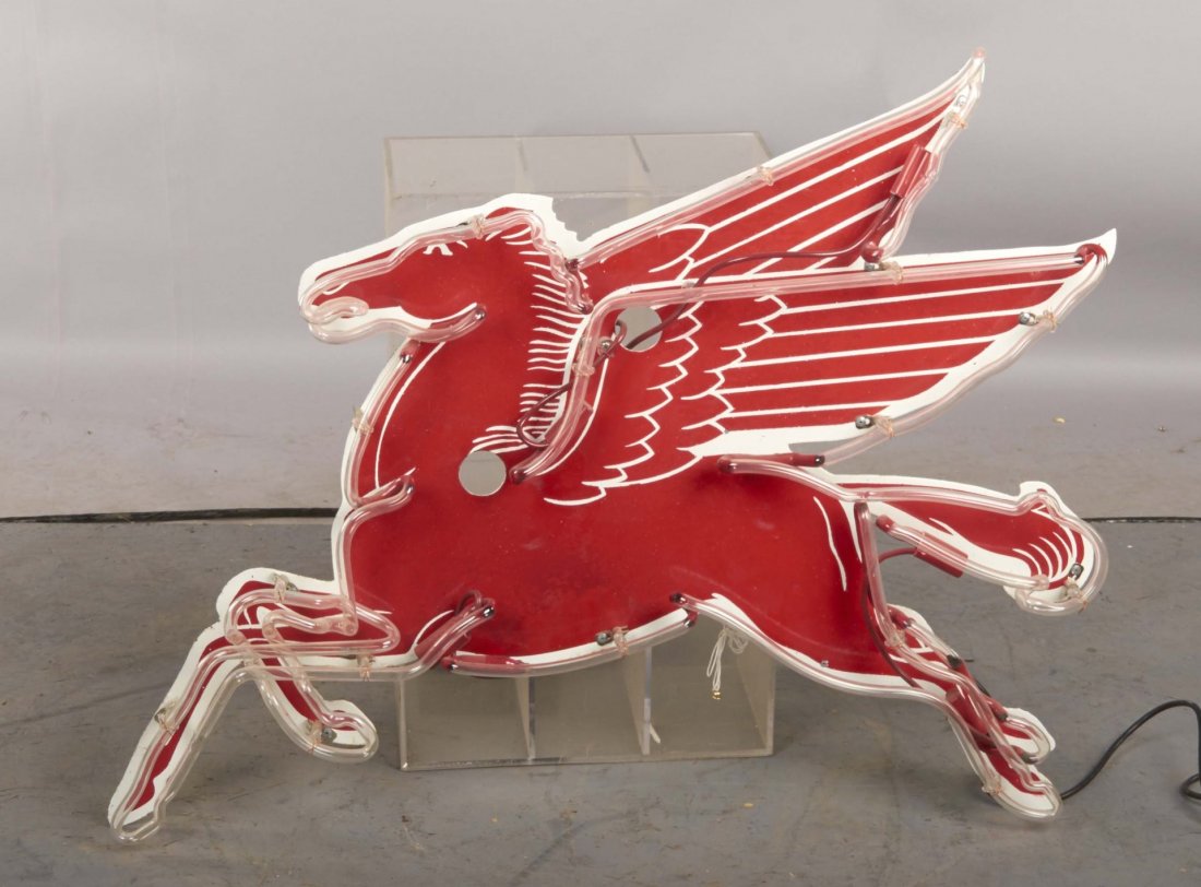 Mobil Pegasus Single Sided Porcelain Neon Sign: Porcelain sign has been clear coated and includes new neon tubing and transformer. Works! Rated 7.5, Some Touchup- Displays Well Condition (Good). Size 36" x 38"