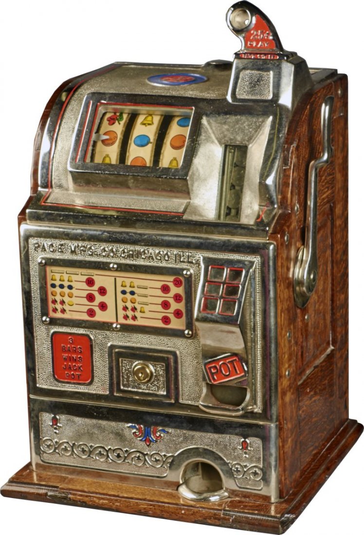 25 ¢ Jennings Pace Jackpot Slot Machine: 25 cent O.D. Jennings Pace Conversion Jackpot gooseneck bell slot machine. Circa 1930. Condition (Restored). Size 15" x 14" x 25"