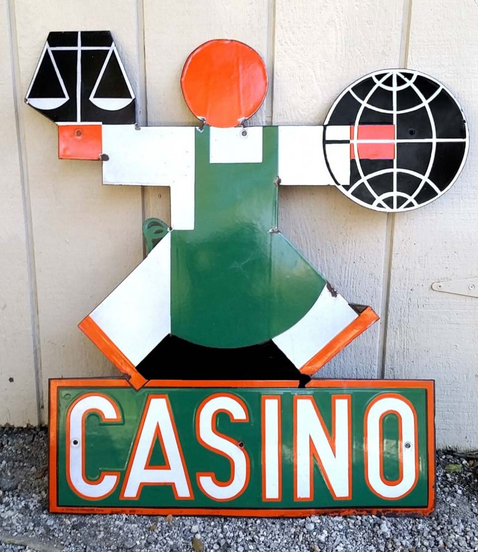 Single Sided Porcelain Casino Sign: Has great gloss and color, minor edge chips, neat looking sign. Condition (Rated 9). Size 30" x 24"