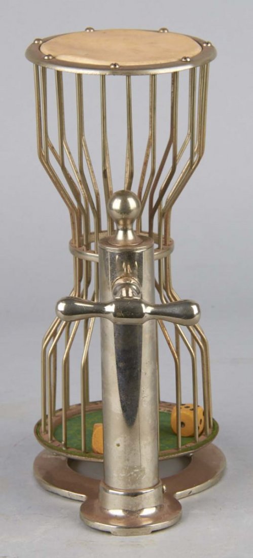 Early Countertop Chuck A Luck Dice Cage: Includes three dice and turning handle. Condition (Very good). Size 11" x 7" x 5"