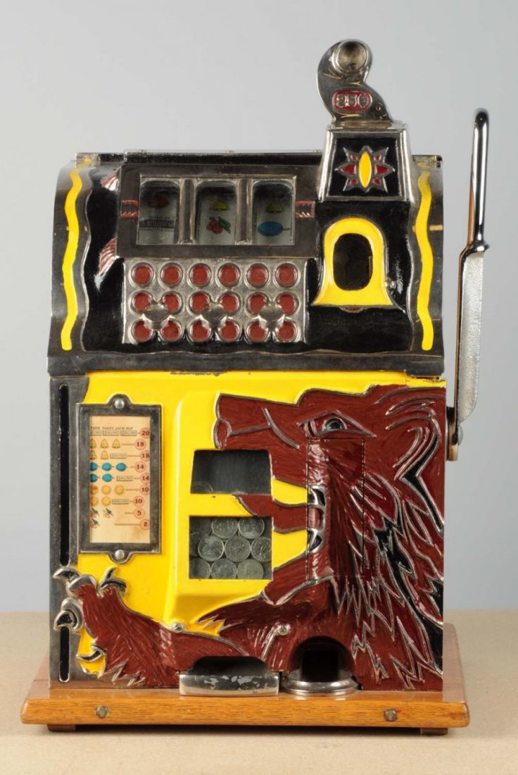 25 ¢ Mills Lion Head Slot Machine: Not presently working. Back door is new and does not include keys. Condition (Good). Size 25" T.