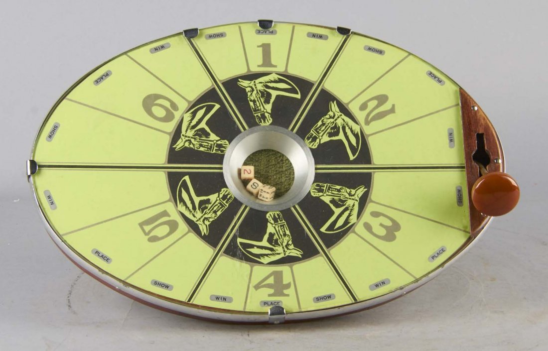 Horse Race Dice Game Trade Stimulator: Oval-shaped countertop game with horse betting dice. This is not a coin-operated machine. Condition (Very good). Size 18" x 12"