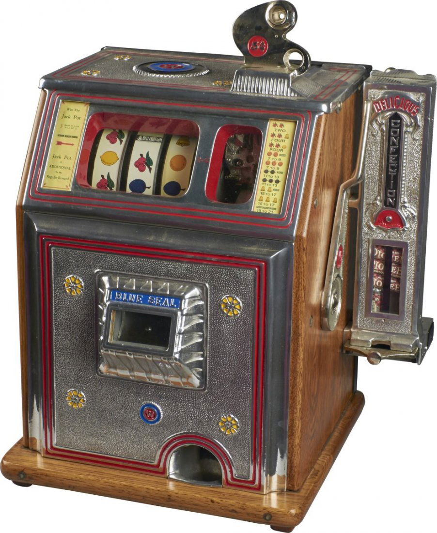 5 ¢ Watling Single Jackpot Blue Seal Slot Machine: 5 cent Watling Manufacturing Co. Single Jackpot No. 40 "Blue Seal" gooseneck bell slot machine with side "confections" vendor. Circa 1930. Cash box, vendor, and rear door are new. Includes key. Condit