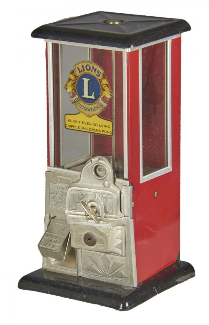 1 ¢ Norris Master Vending Machine: One cent coin operated Master vendor with rising sun on coin door, red and black enamel body, and Lions International decal on the front glass. Manufactured by Norris Manufacturing Company. Circa 1930